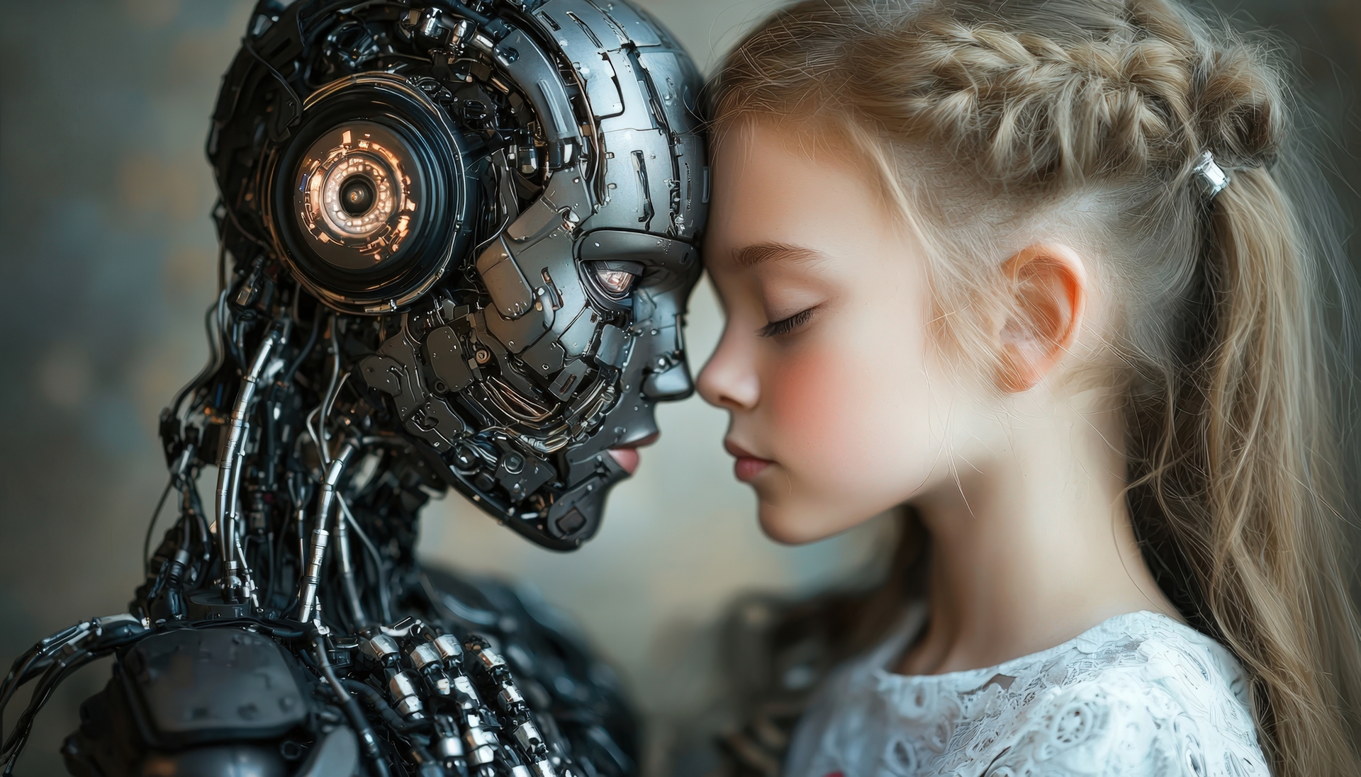 Human and robot forehead to forehead, symbolizing creativity without human memory in AI art